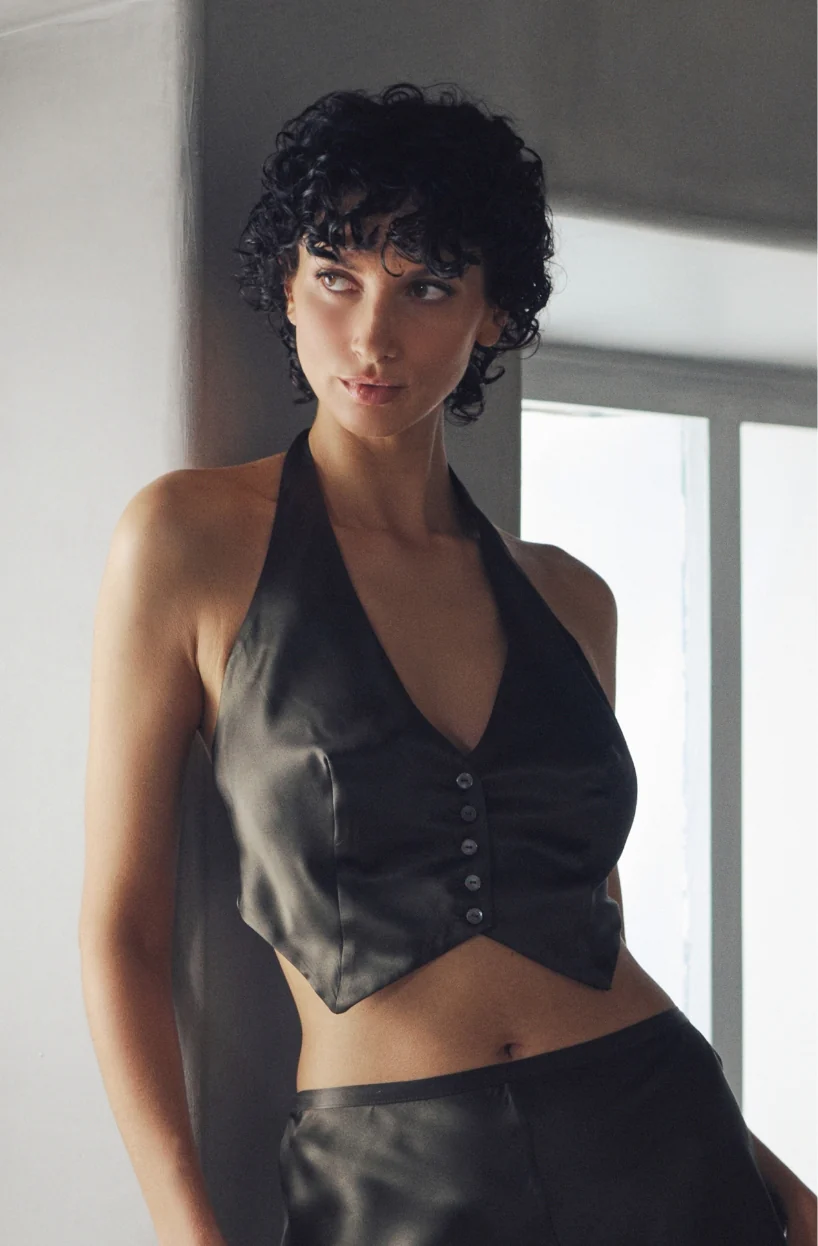 Top dos nu en satin vert Brooke - Image 2