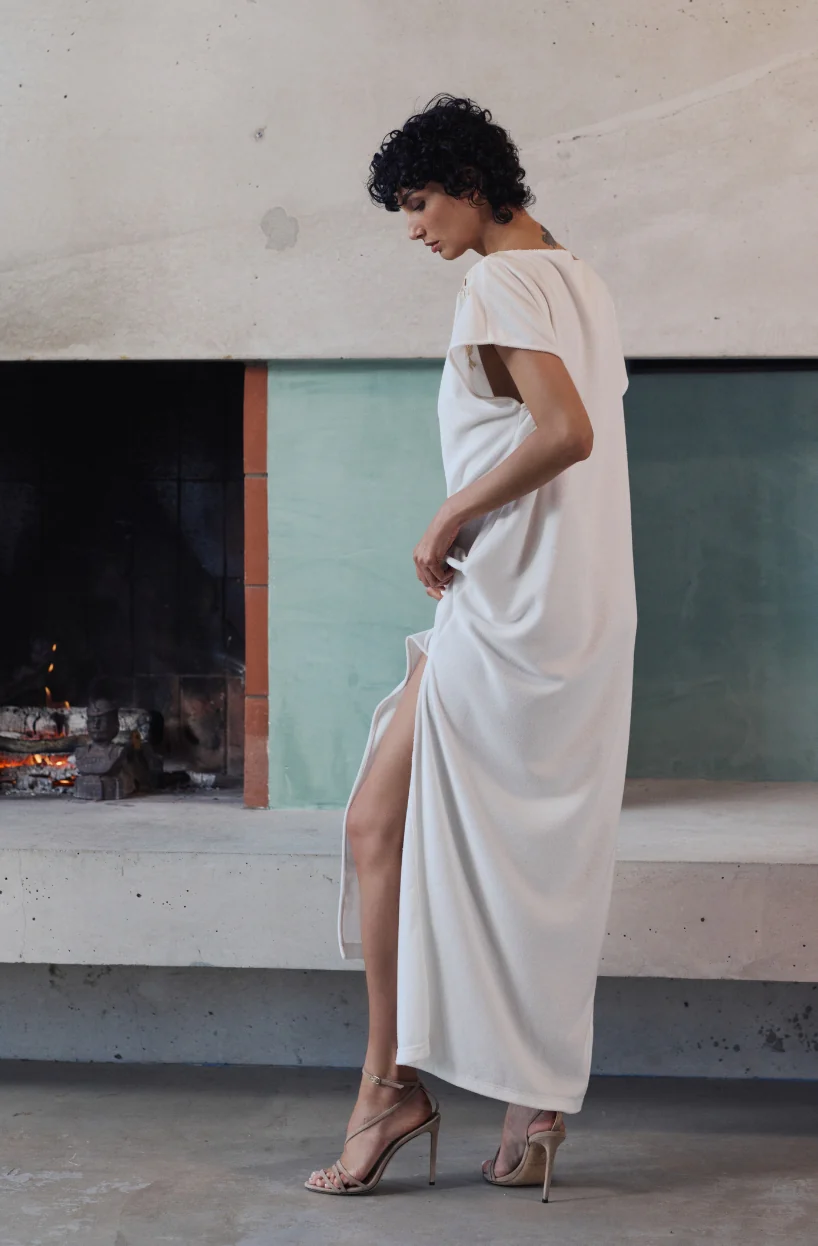 Chemise de nuit longue Bianca en molleton de coton blanc et guipure - Image 2