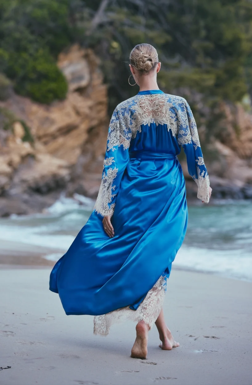 Déshabillé long Apolline en soie bleue ornée de dentelle nacre - Image 3