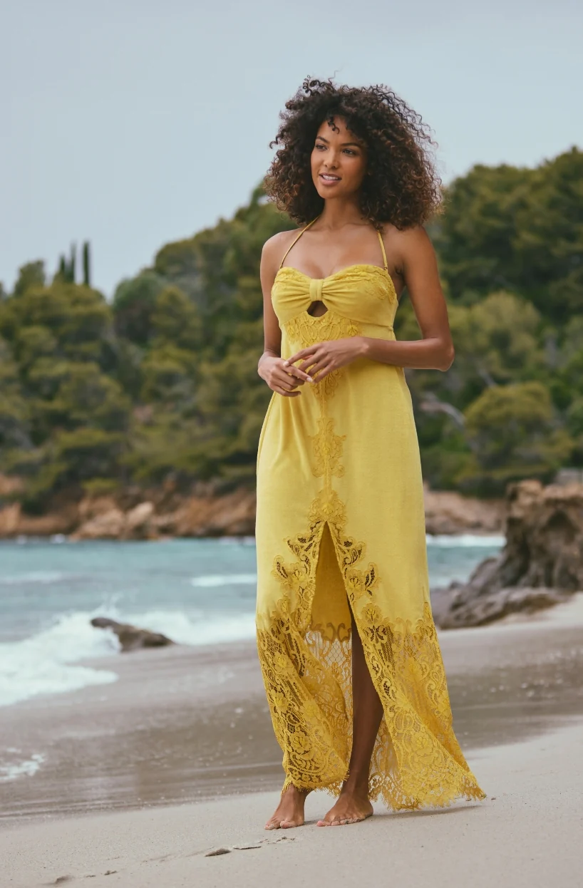Longue robe de plage bandeau Aphrodite en molleton de coton et dentelle jaune - Image 3
