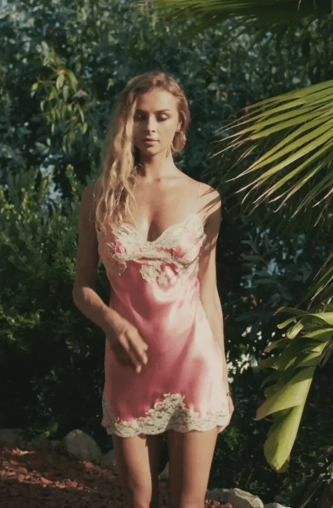 Nuisette sexy Camélia en soie rose ornée de dentelle de Calais grise - Image 3