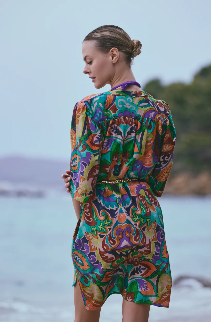 Robe chemise courte Athéna en coton et soie imprimée - Image 3