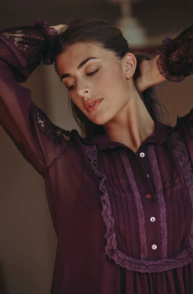 Robe chemise Calista en mousseline de soie et dentelle brun - Image 3