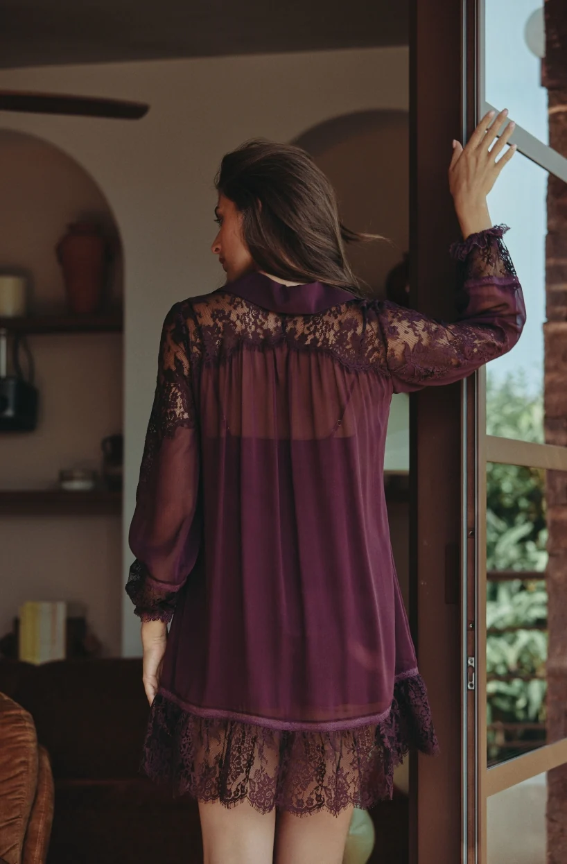 Robe chemise Calista en mousseline de soie et dentelle brun - Image 4